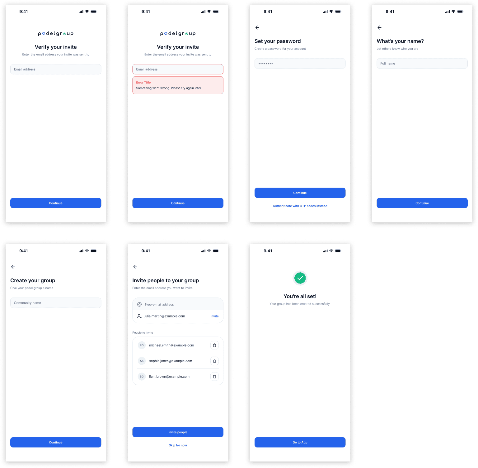Padelgroup onboarding flows