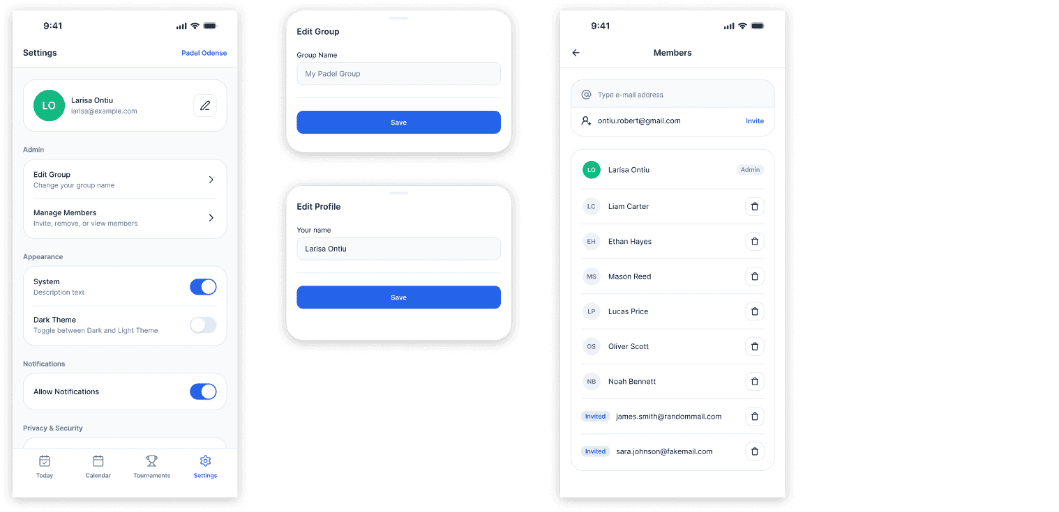 Padelgroup Settings section