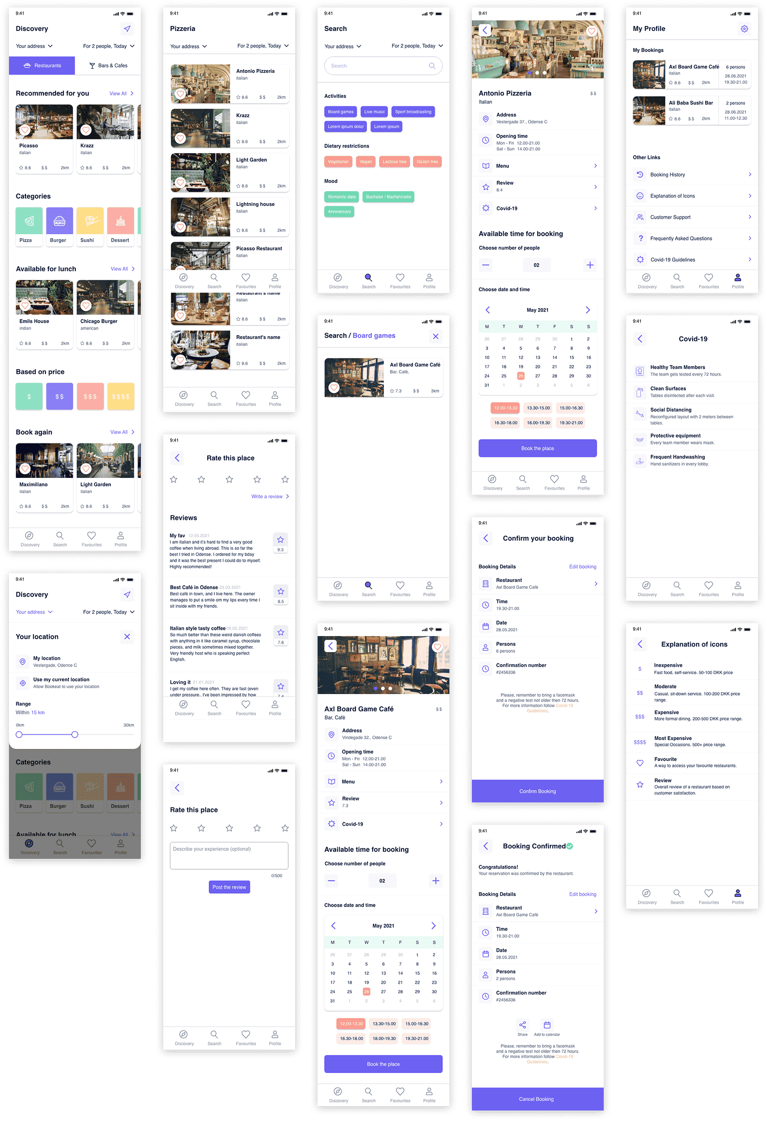 BookEat high-fidelity prototype screens
