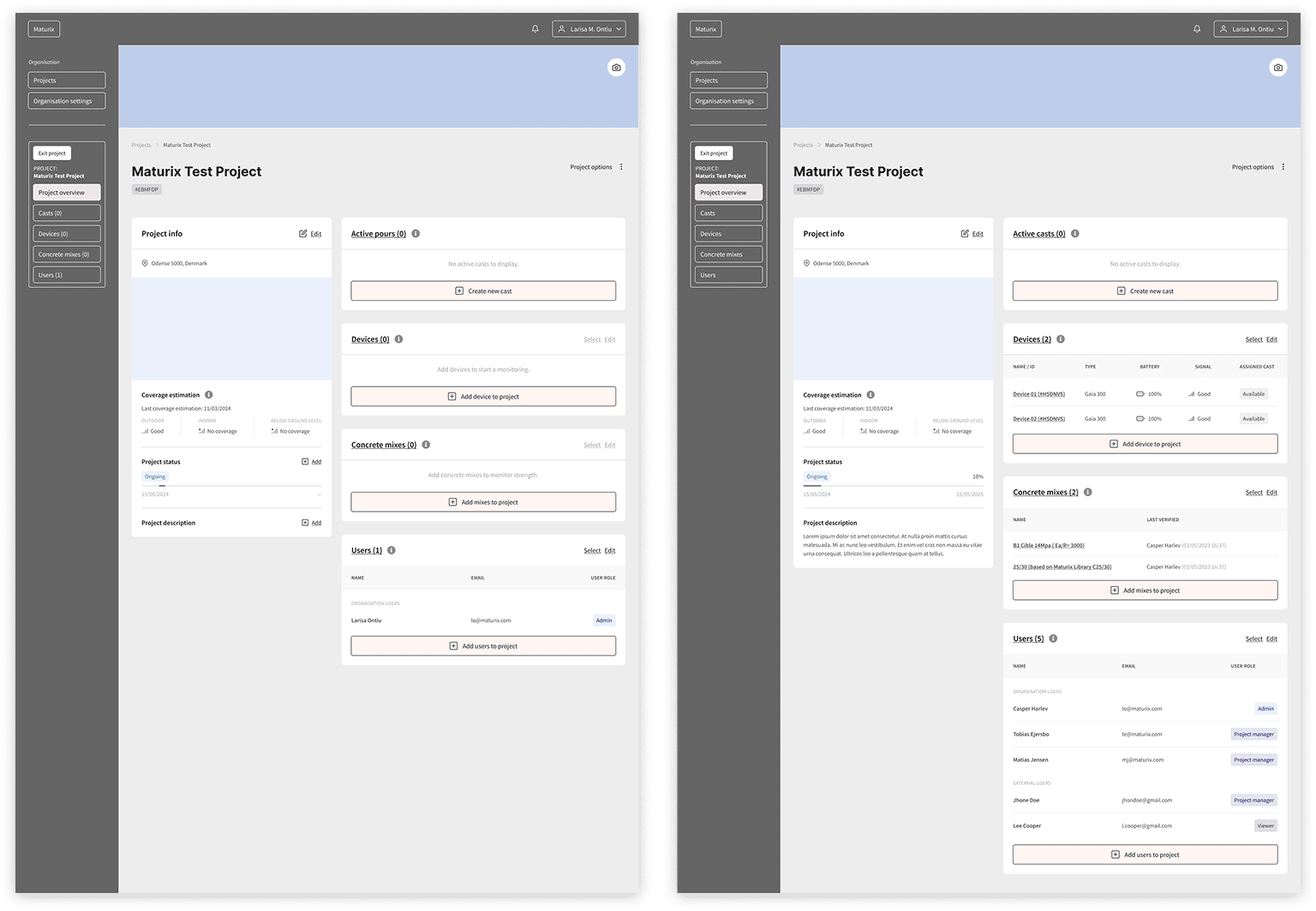 Project overview empty and filled states with modal
