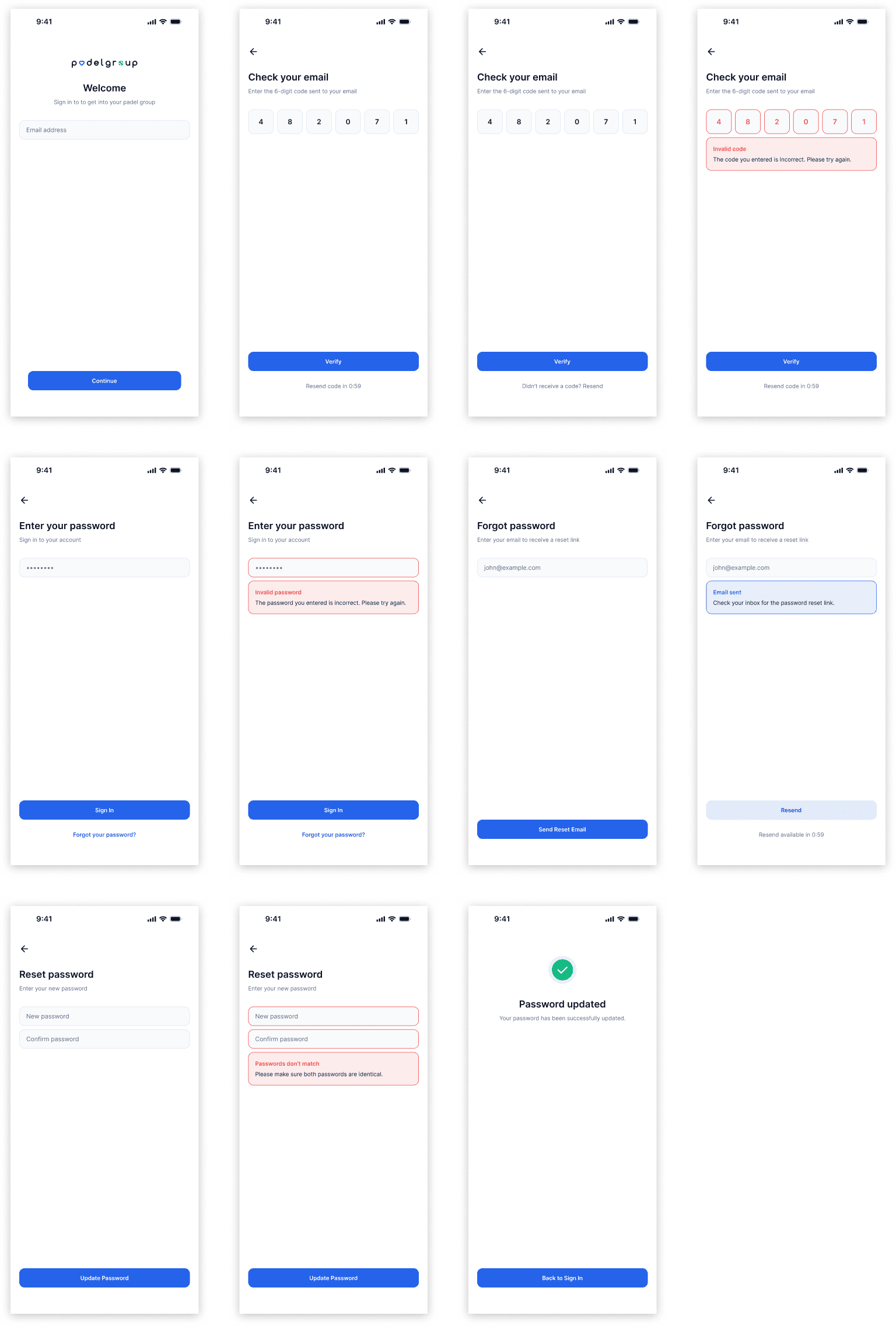 Padelgroup authentication flow showing all 11 screens