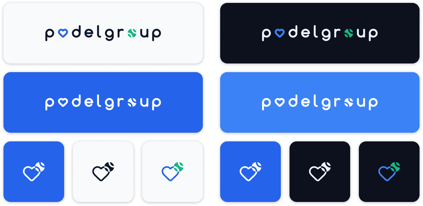 Padelgroup brand sheet showing logo variants on light and dark backgrounds and icon variants