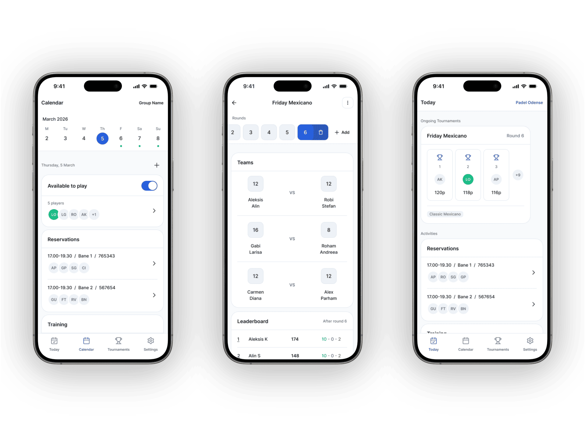 Padelgroup app Today screen in filled state
