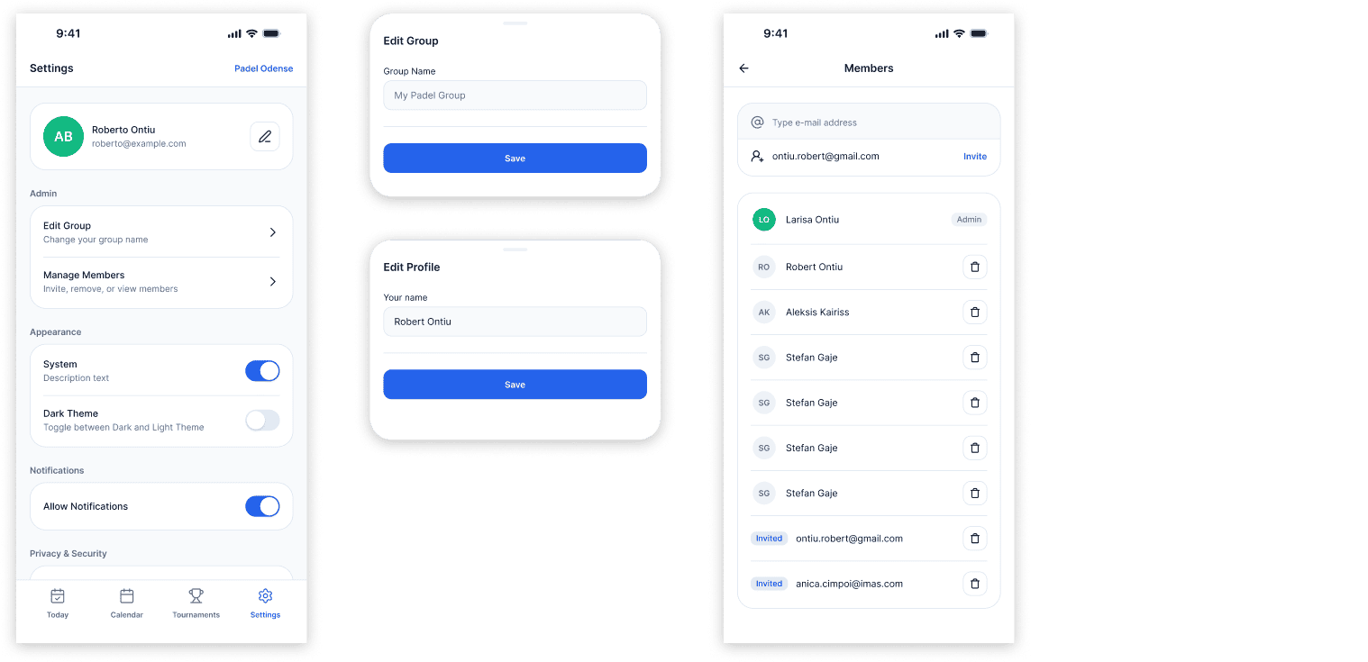 Settings main screen and members screen side by side