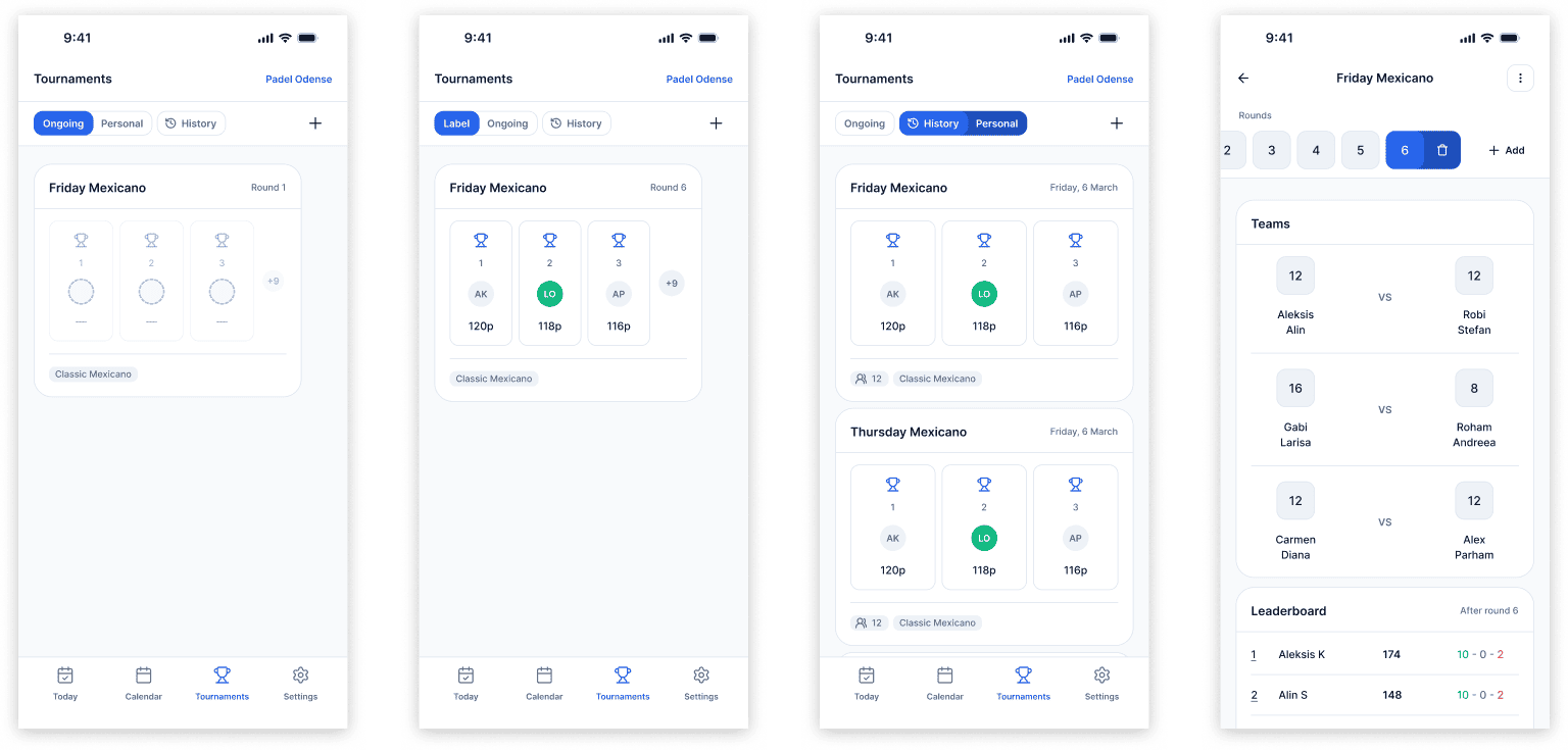 Tournaments list view, bracket detail with leaderboard, and winners screen